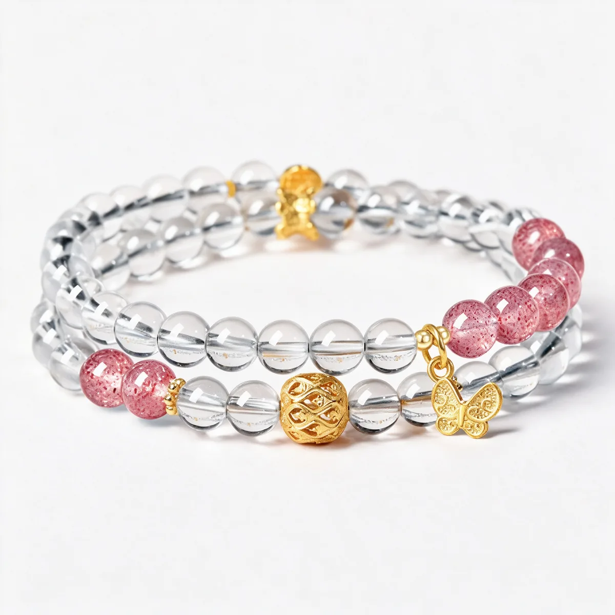 Good Fate Awaits Clear Quartz Strawberry Quartz Bracelet